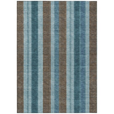 HomeRoots 9' X 12' Teal Blue And Brown Striped Washable Indoor Outdoor Area Rug