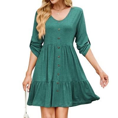 Dress for Women Casual Elegant V Neck Long Sleeve Ruffle Swing Button Down Beach Party Sun Midi Dresses
