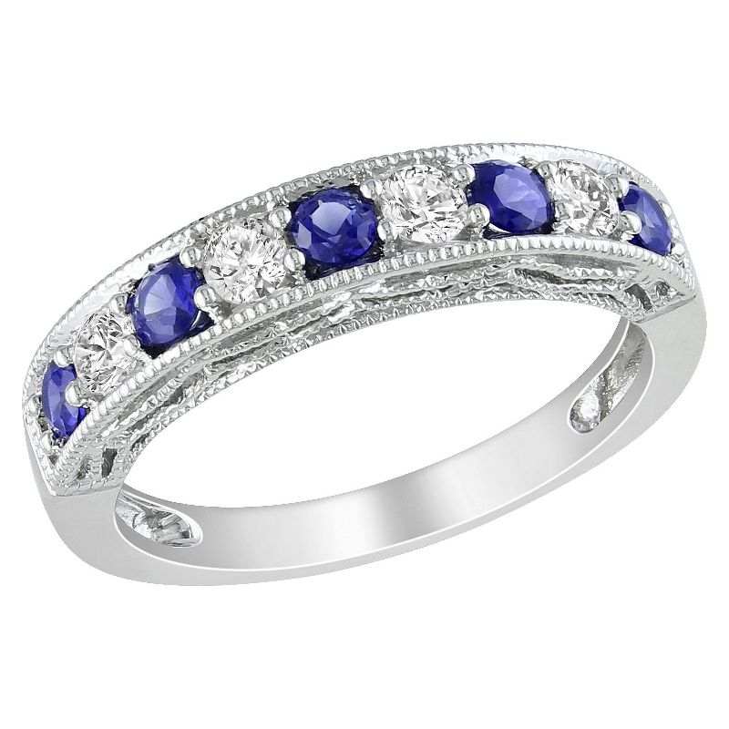 Silver 4/5ct Created Sapphire and Created White Sapphire Ring, 1 of 6