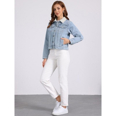 INSPIRE CHIC Women's Fleece Lined Collared Warm Faux Fur Denim Jacket X-Small Light Blue — фото 4