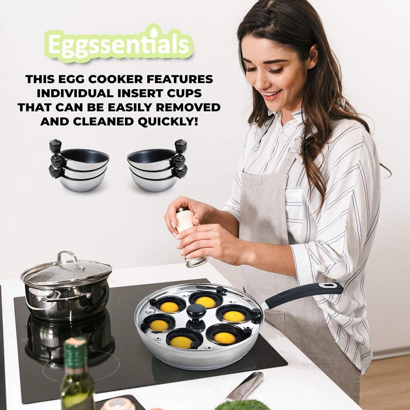Eggssentials Nonstick Stainless Steel Egg Pan & 6 Cup Poacher, Spatula Included, Makes Poached Eggs Simple, Perfect for all Meals, 3 of 7
