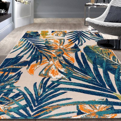 Tropical Floral Leaves Multi 5' x 7' Flat Woven Area Rug