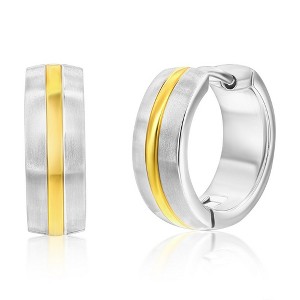 Metallo Stainless Steel 15mm Lined Matte & Polished Huggie Hoop Earrings - Gold & Silver - Silver - 1 of 2