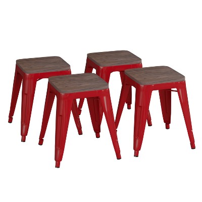 Emma and Oliver Set of Four Table Height Backless Stacking Welded Iron Stools with Wooden Seats and Under Seat Bracing for Indoor Use