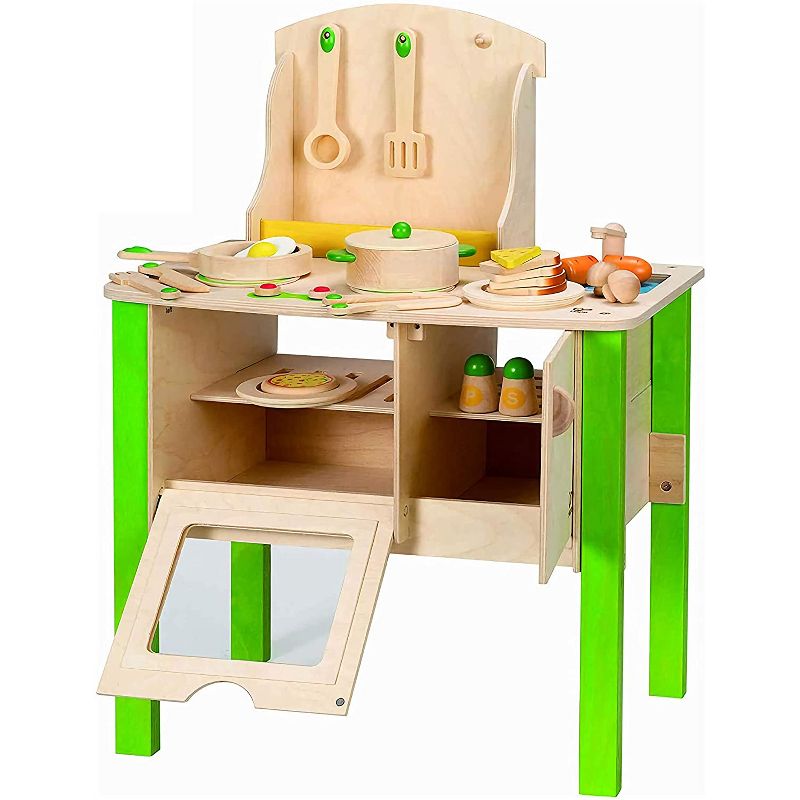 Hape My Creative Cookery Club Kid's Wooden Kitchen Chef Role Play Playset with Cooking Accessories, Utensils, and Food Kit, for Ages 3 Years and Up, 1 of 9