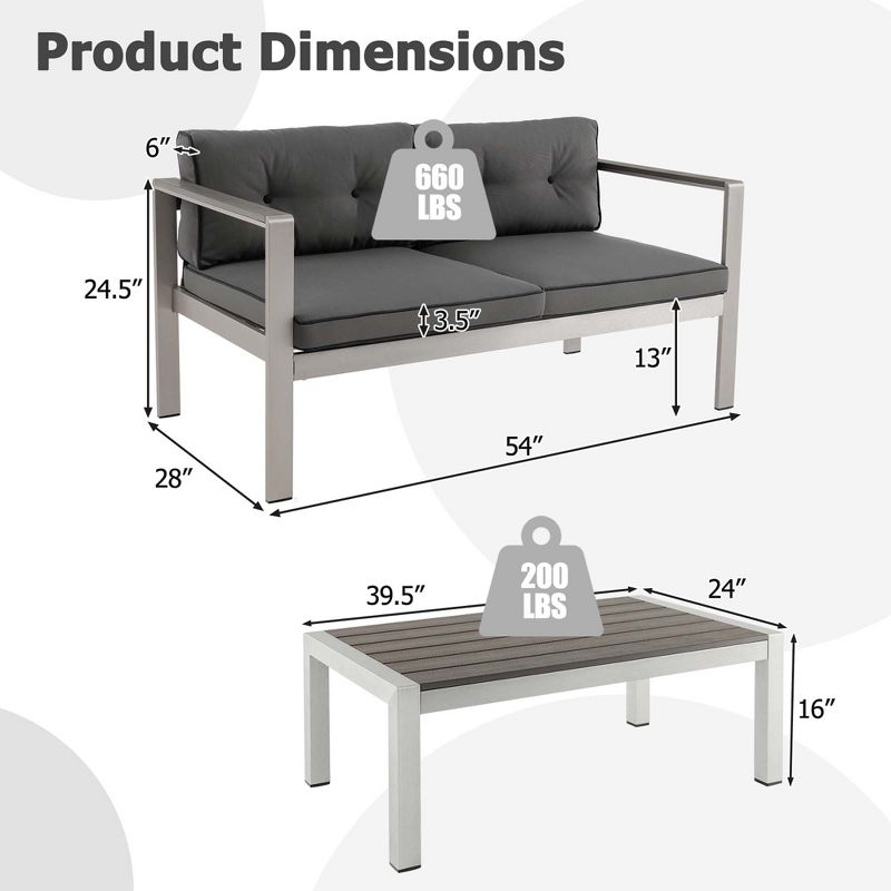 Costway 2 PCS Patio Aluminum Sofa Set Coffee Table Cushioned Loveseat WPC Armrests, 3 of 10
