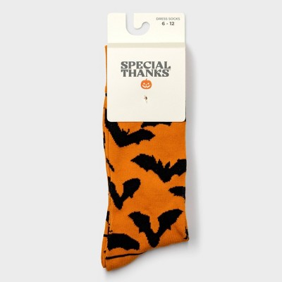 Men's Special Thanks Halloween Orange Bats Crew Socks - 6-12