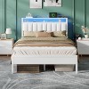 Furnulem White Full Size Bed Frame with Charging Station Led Lights, Pu Leather Upholstered Headboard W/ 2-Tier Storage Shelves No Box Spring Needed - 4 of 4