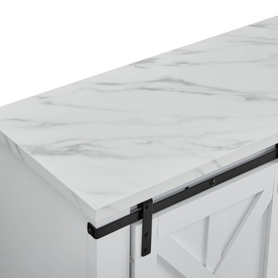 Festivo 37" White Wood Barn Door Buffet Bar Cabinet with Marble Pattern Top