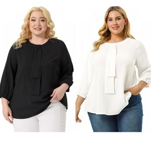Women's Plus Size 2 Pieces 3/4 Sleeves Round Neck Ruffle Chiffon Work Blouse - Agnes Orinda - 1 of 4