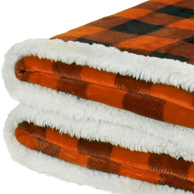 Black and Orange Buffalo Plaid Sherpa Fleece Reversible Blanket