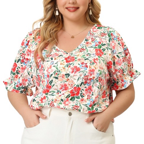 Agnes Orinda Women's Plus Summer V Neck Ruffle Short Sleeve Floral Print  Blouse White 3X