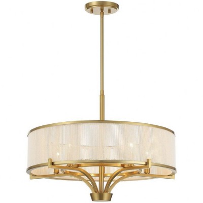Warm Brass 5-Light Chandelier with White String Drum Shade