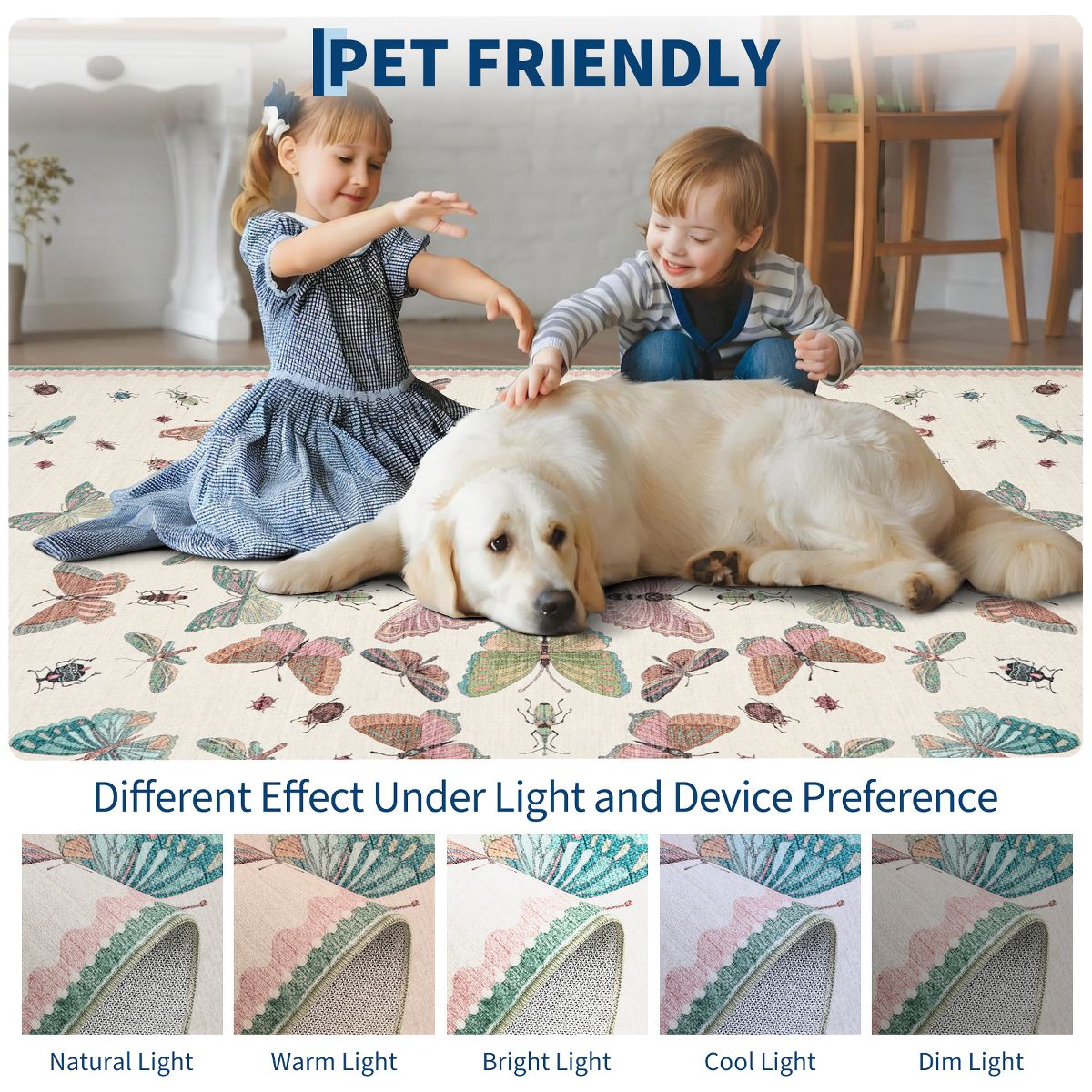 Machine Washable Butterfly Insect Print Area Rug, Non-Slip TPR Backing, Soft Polyester Low-Profile Rug for Living Room Bedroom - thumbnail 3