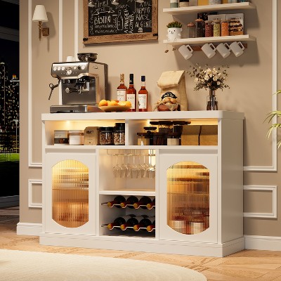 Modern Coffee Cabinet with Led Lights, White Bar Cabinet with 2 Glass Doors, Coffee Bar Cabinet with Adjustable Shelves, Wine Cabinet with Wine Racks