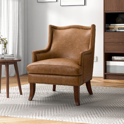Nikolaus Vegan Leather Armchair with Solid Wood Legs and and Nailhead Trim for Living Room and Bed Room  | ARTFUL LIVING DESIGN