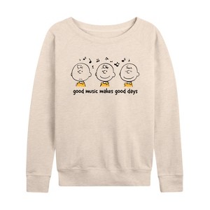 Women's - Peanuts - Good Music Good Days Lightweight French Terry Wide Neck Long Sleeve Shirt - 1 of 4