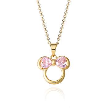 Disney Minnie Mouse Brass Flash Yellow Gold Plated Pink CZ Pendant with 18" Chain