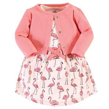 Touched by Nature Baby and Toddler Girl Organic Cotton Dress and Cardigan, Pink Flamingo