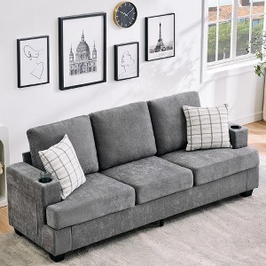 Modern 89" 3-Seater Sofa for Living Room, Comfy Couches with Deep Seat, Chenille Couch with Cup Holders and Side Storage Pockets - 1 of 4