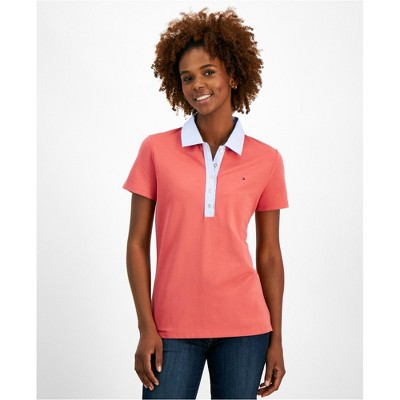 Tommy Hilfiger Womens Striped Collar Polo Shirt, Red, Large