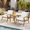 LuxenHome Outdoor Acacia Wood Side Table and Set of 2 Armchairs with White Cushions - 4 of 4