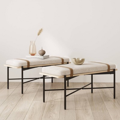 Thatcher 43'' Boucle Cushion Bench with Vegan Leather Straps