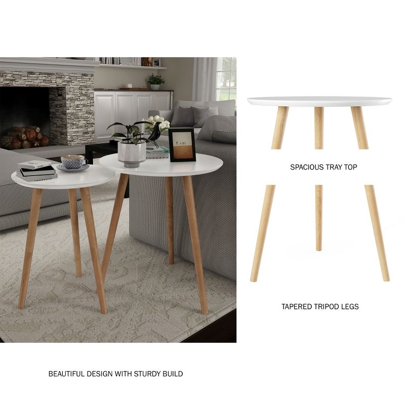 Hastings Home Nesting End Tables - Mid-Century Modern Wood Accent Table With Circular Top - Set of 2, White/Natural, 4 of 9