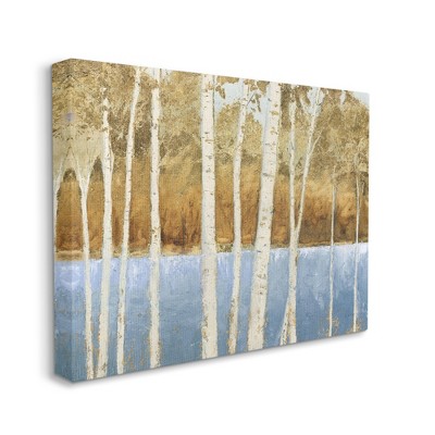 Stupell Industries Birch Tree Lake Landscape Blue Gold Nature Painting