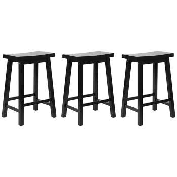 PJ Wood Classic Saddle-Seat 24'' Tall Kitchen Counter Stool for Homes, Dining Spaces, and Bars with Backless Seat, 4 Square Legs, Black (3 Pack)
