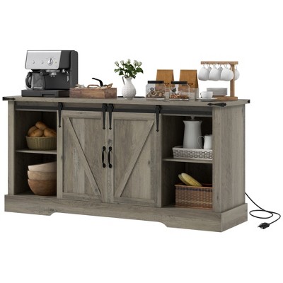 Sideboard with Charging Station, Farmhouse Coffee Bar Cabinet with Sliding Barn Door, TV Stand for TVs Up to 65"