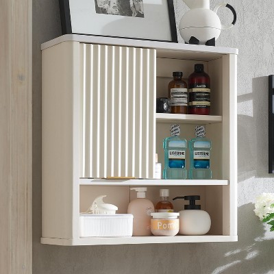 Bathroom Wall Cabinet with Sliding Door, Wood Hanging Cabinet with Adjustable Shelf & Faux Marble Top, Over The Toilet, Bathroom Cabinet