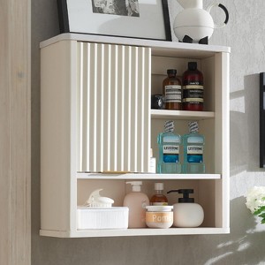 Bathroom Wall Cabinet with Sliding Door, Wood Hanging Cabinet with Adjustable Shelf & Faux Marble Top, Over The Toilet, Bathroom Cabinet - 1 of 4