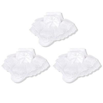 Image of Cozyway Baby-Girls Lace Frilly Ruffle Socks Newborn Infants Eyelet Trim Ankle Dress Socks With Bow 3 Pairs 0-6 Months