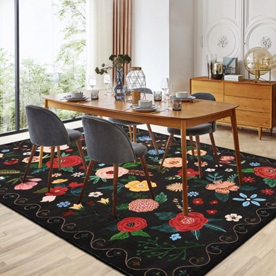 Modern Washable Area Rug for Living Room, Vintage Floral Floor Rug with Non Slip Backing, Low Pile Resistant Carpet for Home,
