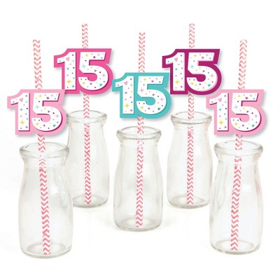 Big Dot of Happiness Girl 15th Birthday - Paper Straw Decor - Teen Birthday Party Striped Decorative Straws - Set of 24