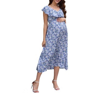 Women Maternity Summer Spring Casual V Neck Boho Sundress Ruffle Cap Sleeveless Flowy Maxi Dress Baby Shower - 1 of 4