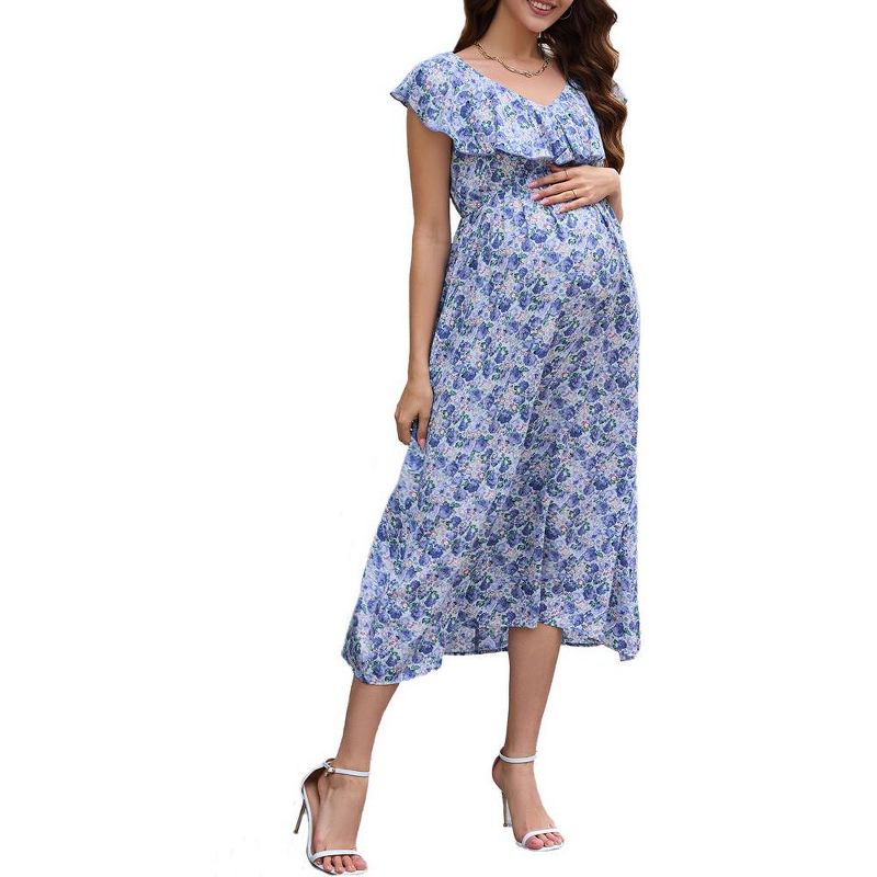 Women Maternity Summer Spring Casual V Neck Boho Sundress Ruffle Cap Sleeveless Flowy Maxi Dress Baby Shower, 1 of 8