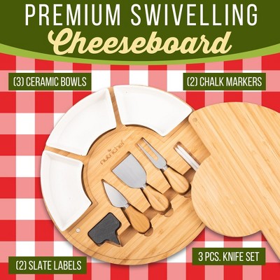 Organic Bamboo Round Cheese Board Serving Set with Ceramic Bowls