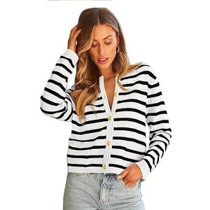 Womens Cardigan Sweaters Front Button Stripes Cardigan At Waist Long Sleeve Casual Sweater Jackets Soft Open Front Cardigan - 1 of 3