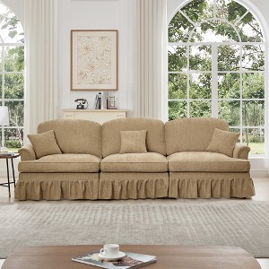 Elegant Mid-Century 3-Seater Chenille Sofa ¨C Flared Arms, Removable Ruffled Pleats Skirt, Spindle Legs, Comfy Modular Living Room Couch - 1 of 4