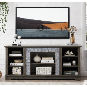 58" Modern TV Media Stand with Faux Stacked Stone Surround, Entertainment Console with Open Storage Shelves, Fireplace Mantel Style Design - 1 of 4