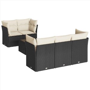 vidaXL Patio Sofa Set with Cushions Outdoor Furniture 6 Piece Poly Rattan - Black and Cream - 1 of 4