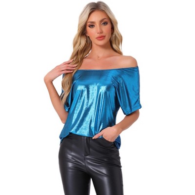 Allegra K Women's Metallic Off Shoulder Short Sleeve Boat Neck Blouse