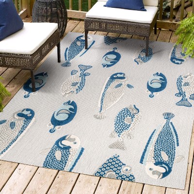 8' x 10' Nerja Coastal Fish High-Low Indoor/Outdoor Area Rug, Gray/Navy ...
