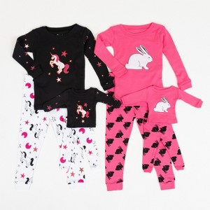 Leveret Girls Cotton Pajamas with Matching Doll Outfit – 2 Pack – Bunny & Black Unicorn - 1 of 4