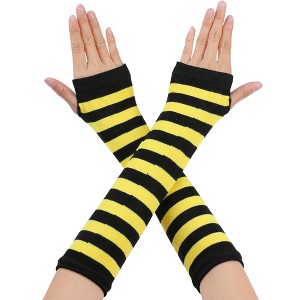 Allegra K Women's Stripe Print Knitted Fingerless Elbow Length Gloves Warmers One Size 1 Pair - 1 of 4