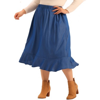 Agnes Orinda Women's Plus Size Denim Tie Waist Button Front A-Line Midi  Skirts Blue 4X