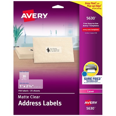 Avery Matte Clear Address Labels Sure Feed Technology Laser 1" x 2-5/8" 385294