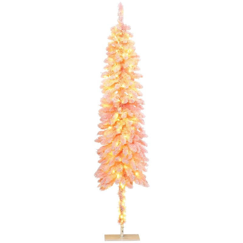 HOMCOM 6 FT Pencil Prelit Artificial Christmas Tree Holiday Decoration with Snow Flocked Branches, Warm White LED Lights, Downswept Shape, Pink, 1 of 7